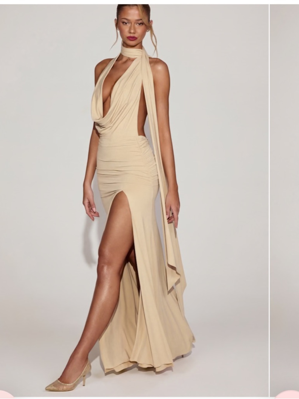 Oh Polly Navina Soft Jersey Plunge Halterneck Maxi Dress Champagne Cream XS NWT - Picture 9 of 13